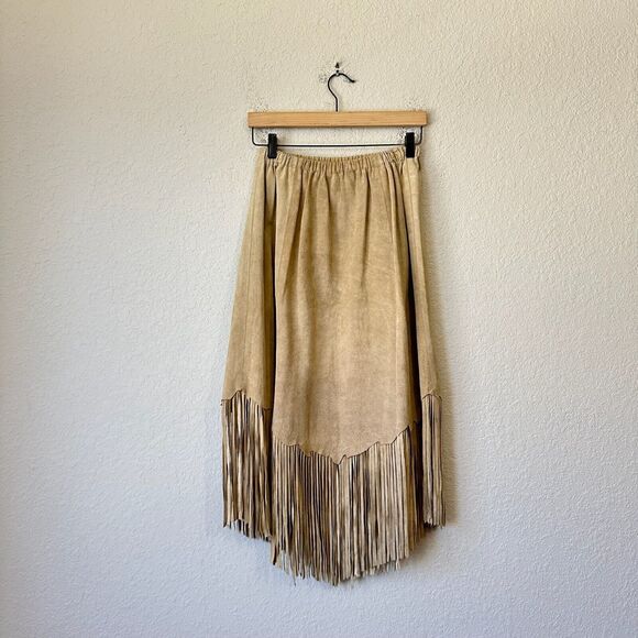 RICKY NELL Skirt Tan Leather Elastic Waist A-Line Fringed Cowgirl NWOT - Picture 2 of 8
